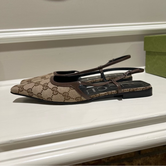 Gucci Beige and Brown Monogram Slingback Flats 37.5 - Picture 7 of 10